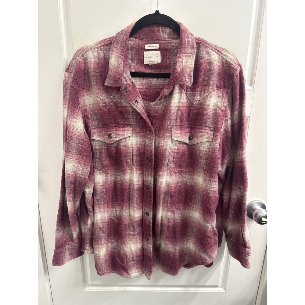 American Eagle Ahh-mazingly Soft Flannel Shirt Burgundy Plaid Oversized Large